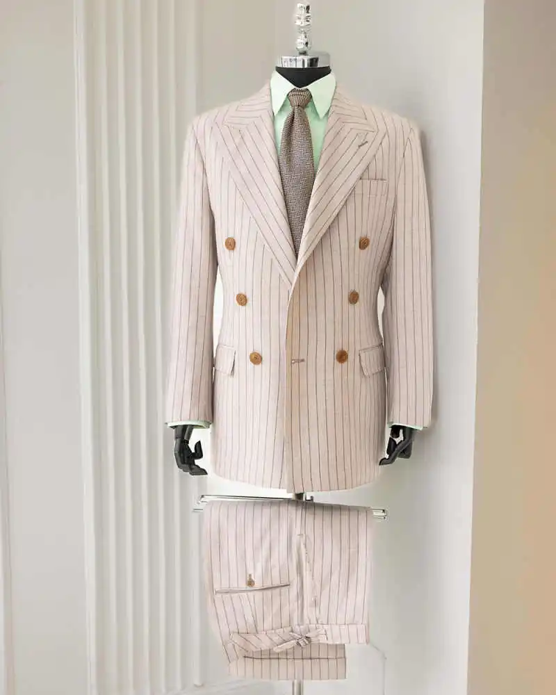 Luxury Double Breasted Pinstripe Men Suit Peak Lapel Linen Wedding Business Formal Tuxedo Beige Custom Made M263906