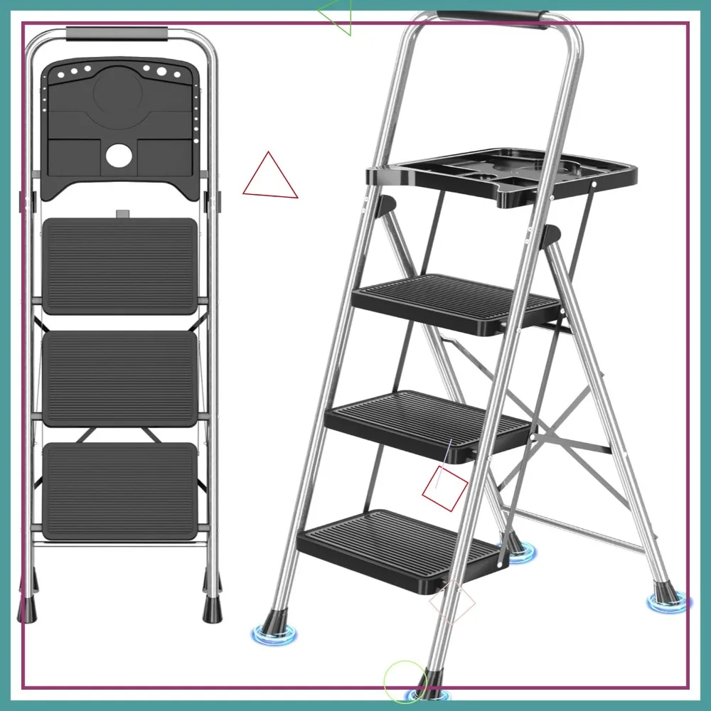 Drabina składana 3-stopniowa z tacką na narzędzia, stalowy stołek o udźwigu 272 kg, antypoślizgowe pedały do domu i biura
