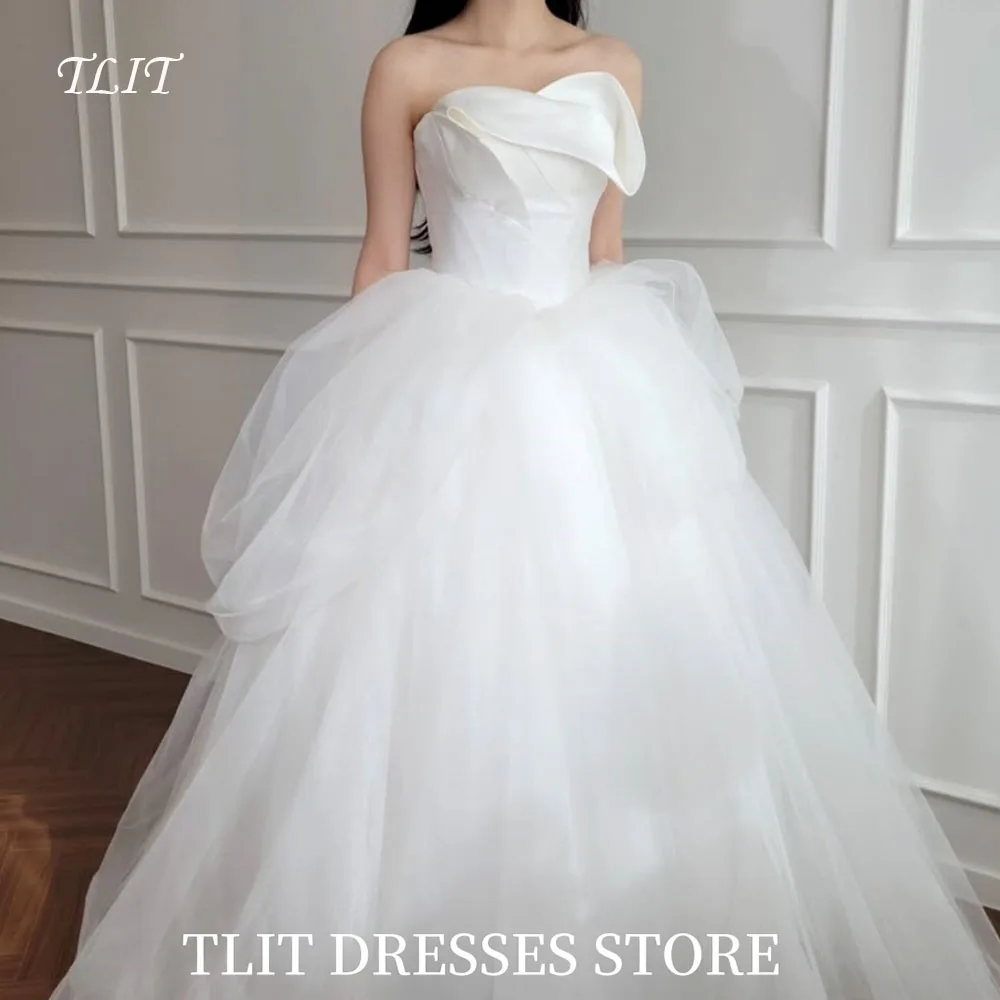 فستان زفاف أنيق من التول الأبيض من TLIT بدون حمالات بدون أكمام فساتين زفاف كورية فستان زفاف تبادل لاطلاق النار حسب الطلب