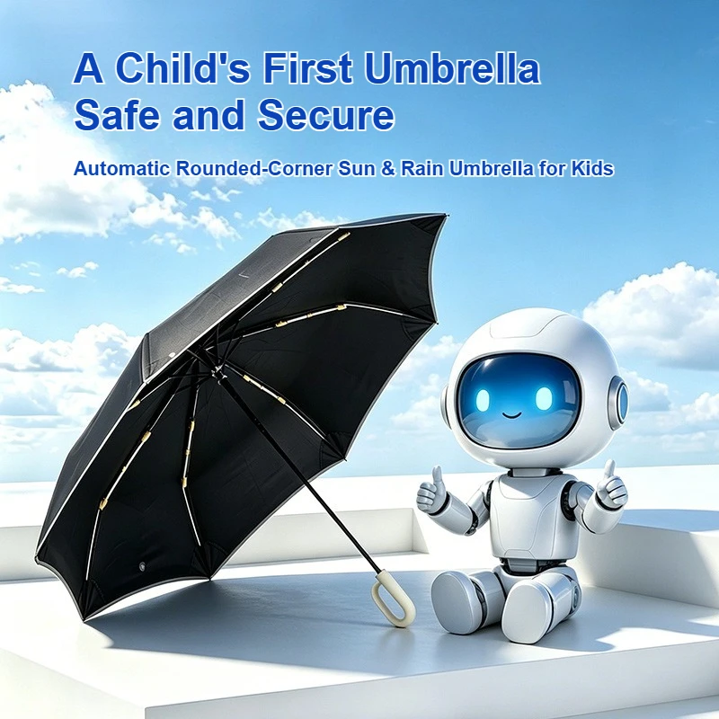 Kids Umbrella Safe Round Tip No Sharp Point Cartoon Print 10 Ribs Auto Open Folding Umbrella for Sun Rain School Girls Boys