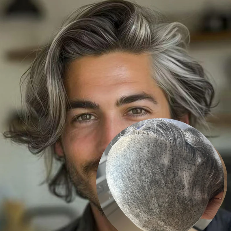 

Мужской парик-накладка 30 мм с волнистой натуральной линией роста волос, серый, черный, коричневый, светлый, из натуральных человеческих волос, на тонкой микро-кожаной основе, полностью из полиуретана, долговечный протез