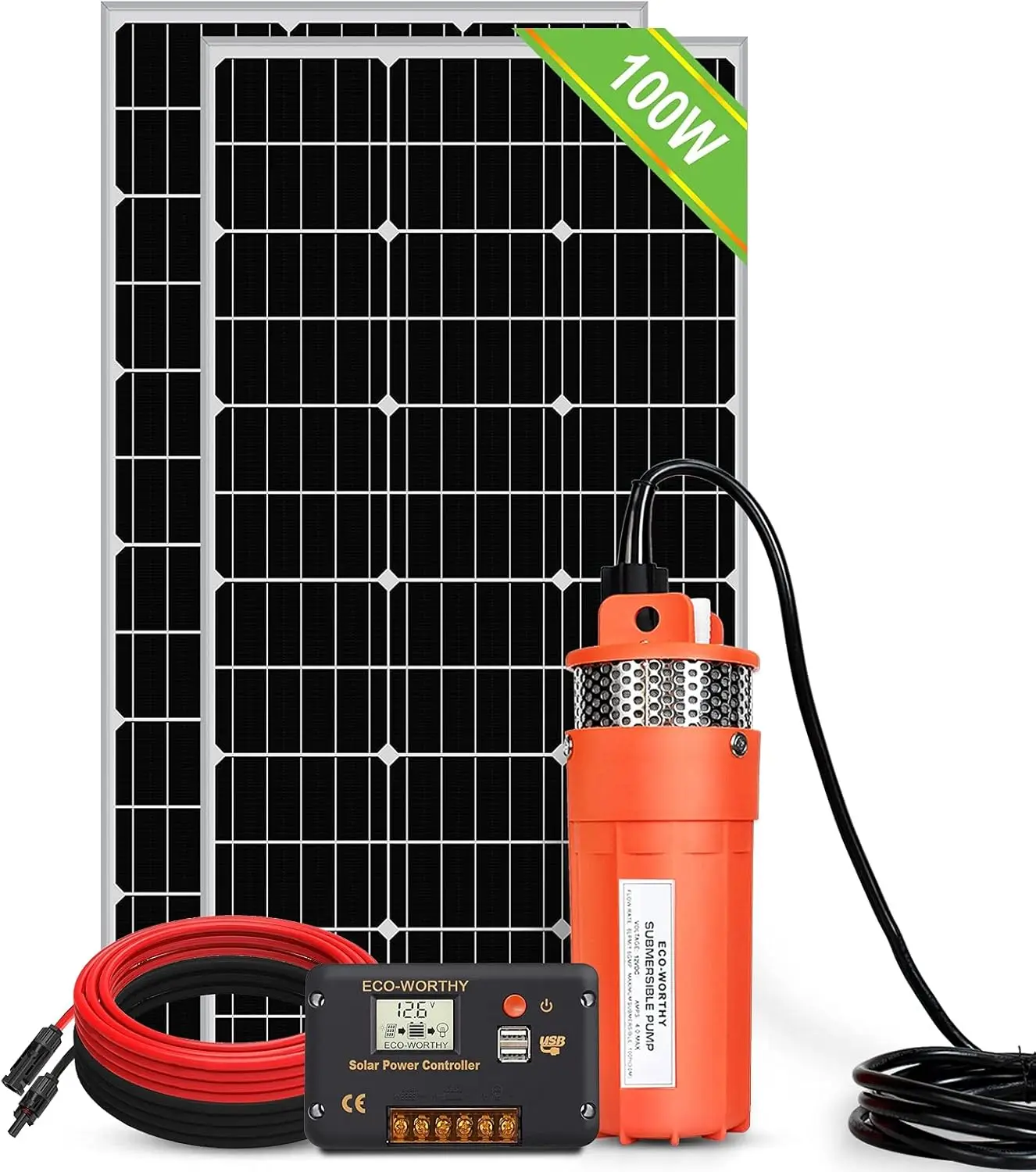 

200W Solar Pump Kit, 24V Water Well Pump + 2pcs 100W Solar Panel + Controller for Off-grid Irrigation and Livestock Water