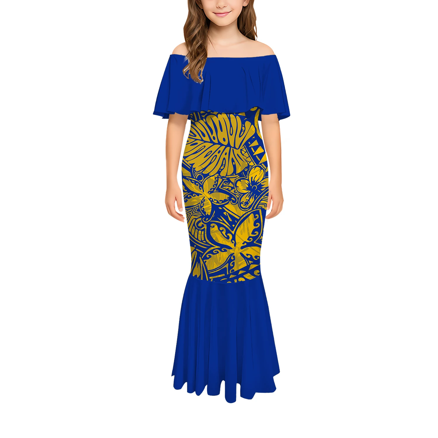 

One-Shoulder Round-Neck Short-Sleeved Tribal Pattern Design Art Dress Polynesian Sexy Casual Fishtail Dress Slimming Girl Dress