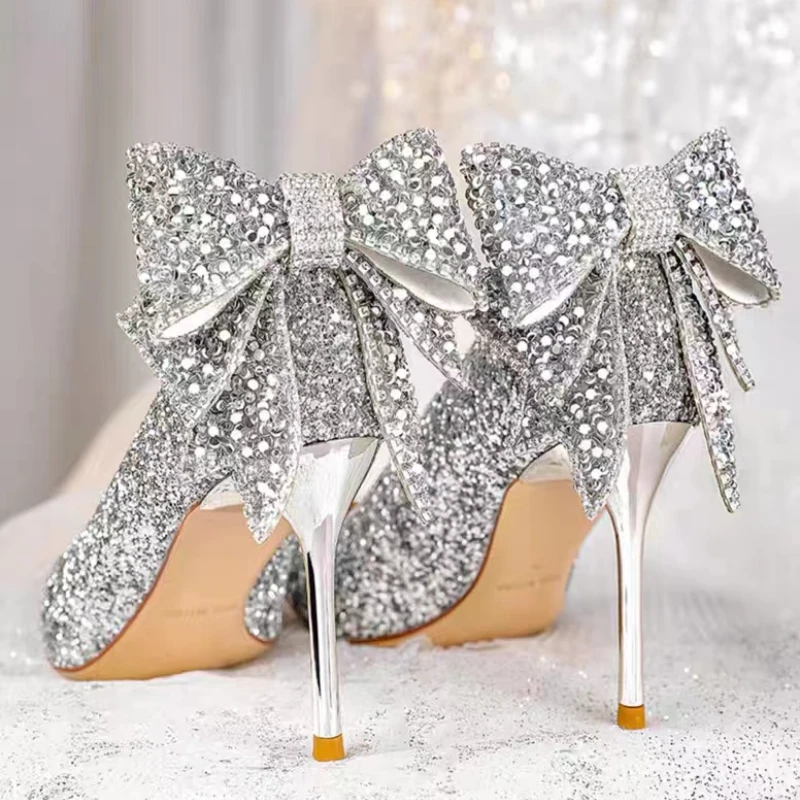 Women's High Heels Summer New Pointed Full Diamond Bow Wedding Shoes Fashion Temperament Stiletto Heels Bridal Shoes