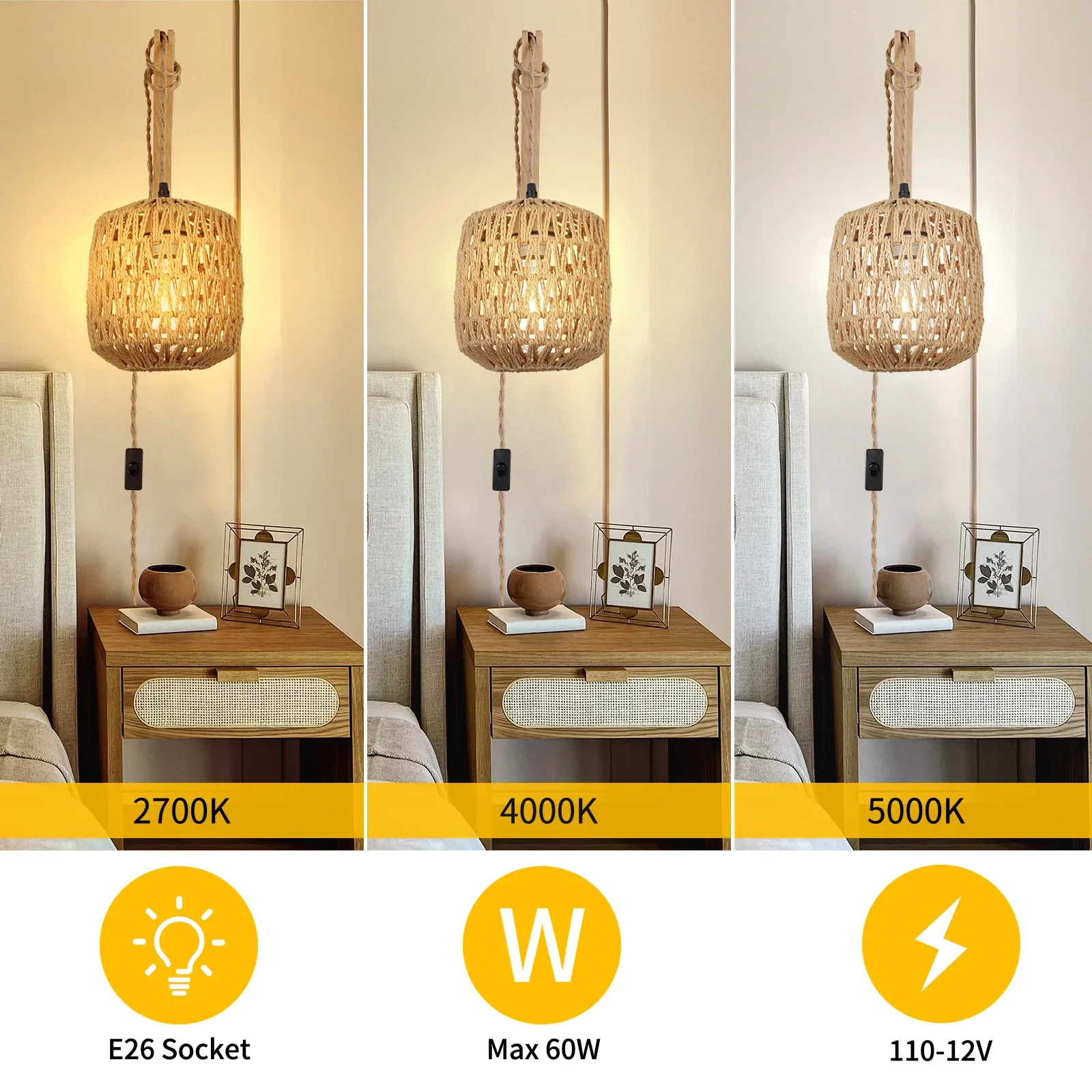 Bedside Wall Lamp American Hand-woven Paper Rope LED Lamp Indoor Entrance Lamp Bedside  Button Switch Hemp Rope Chandelier