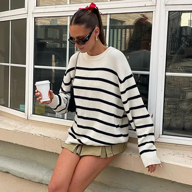 

HOUZHOU Women Striped Sweater Autumn Winter Old Money Style Basic O-Neck Long Sleeve Loose Sweater Warm Casual Knitted Pullover