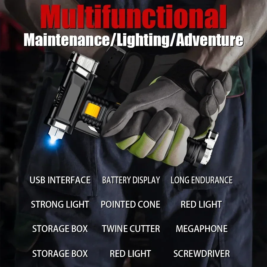 1200LM Tactical Led Flashlight ,Safety Hammer with Strong Magnet, Waterproof Emergency Self-Rescue Torch with Beeping Alarm