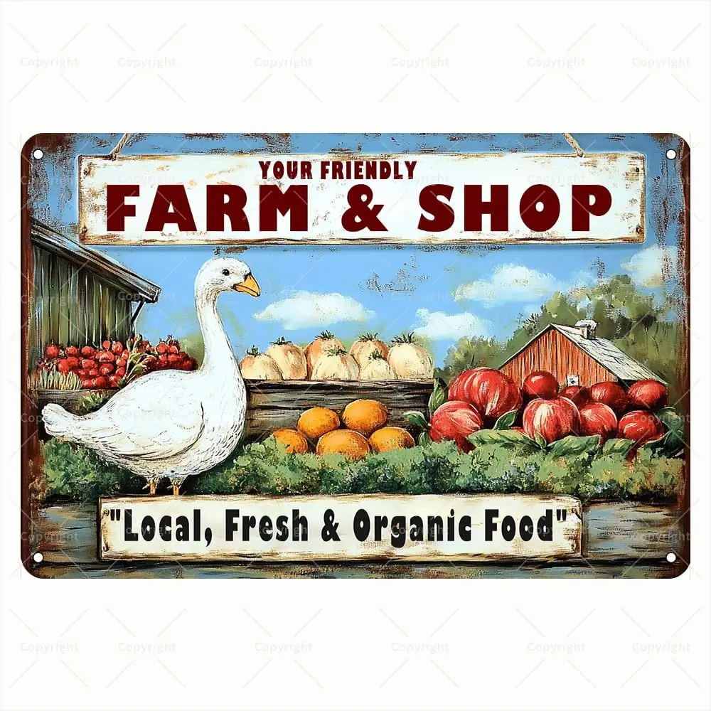 Panneau en métal vintage - Votre Ferme Accueillante ; Achetez Local, Frais ; Alimentation Biologique, Art de la Ferme d'oies, Panneau en métal rétro - Panneau décoratif en métal