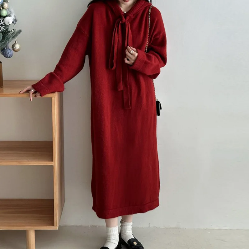 Women Loose Long Dress Hooded Knit Casual Full Sleeve Thick Dresses Sweaters Elegant Lady Vestidos Solid Autumn Winter