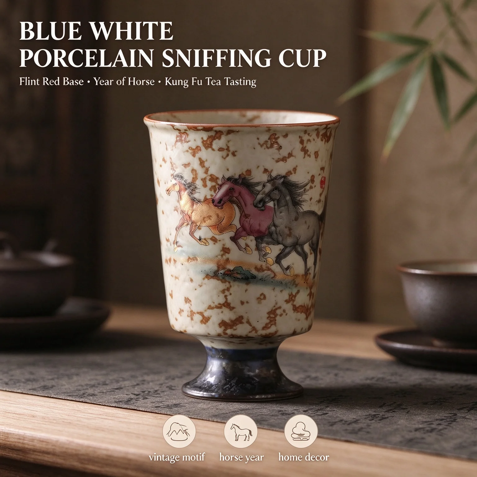 Blue White Porcelain Sniffing Cup Flint Red Base Year of Horse Kung Fu Tea Tasting Vintage Home Decor Gift