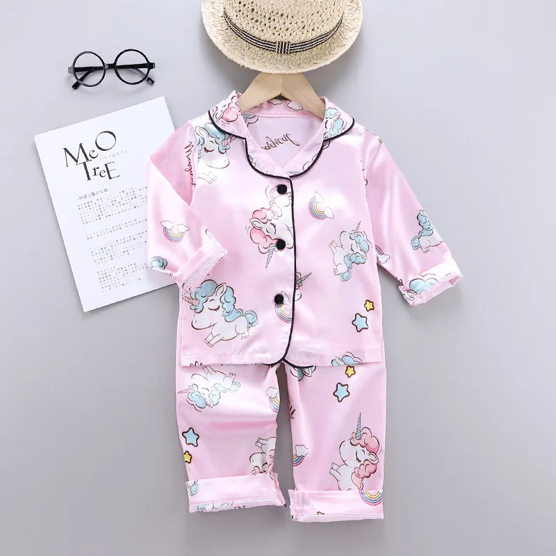 Children Silk Satin Pajamas Set Baby Boys Girls Cartoon Dinosaur Tops Trousers 2Pcs Spring Autumn Kids Satin Set Home Sleepwear