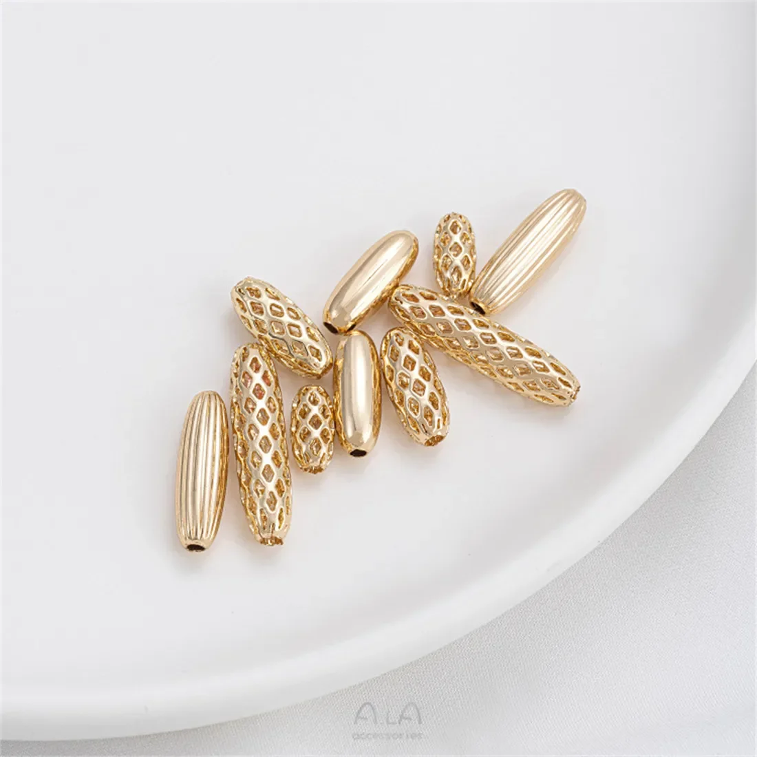 14K Gold Retro Hollow Oval Long Beads Handmade Earrings Diy Bracelet Necklace Accessories C373