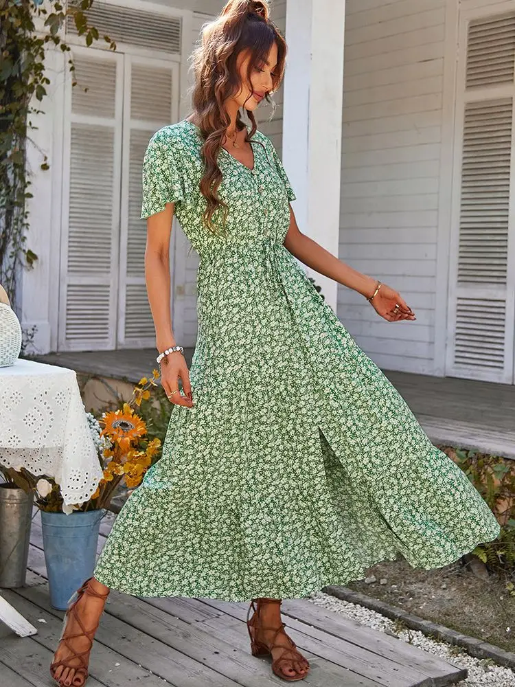 Floral Print Dress Women 2024 Summer Fashion V Neck Lace Up Button Split Midi Dress For Woman Casual Long Boho Dresses Clothes