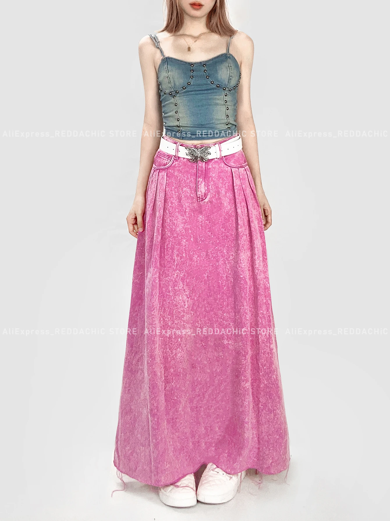 REDDACHiC Y2k Fairy Pink Women Denim Maxi Skirt Draped Tie Dye High Rise Tall Girl Barbiecore Pleats Floor Long Balloon Skirt