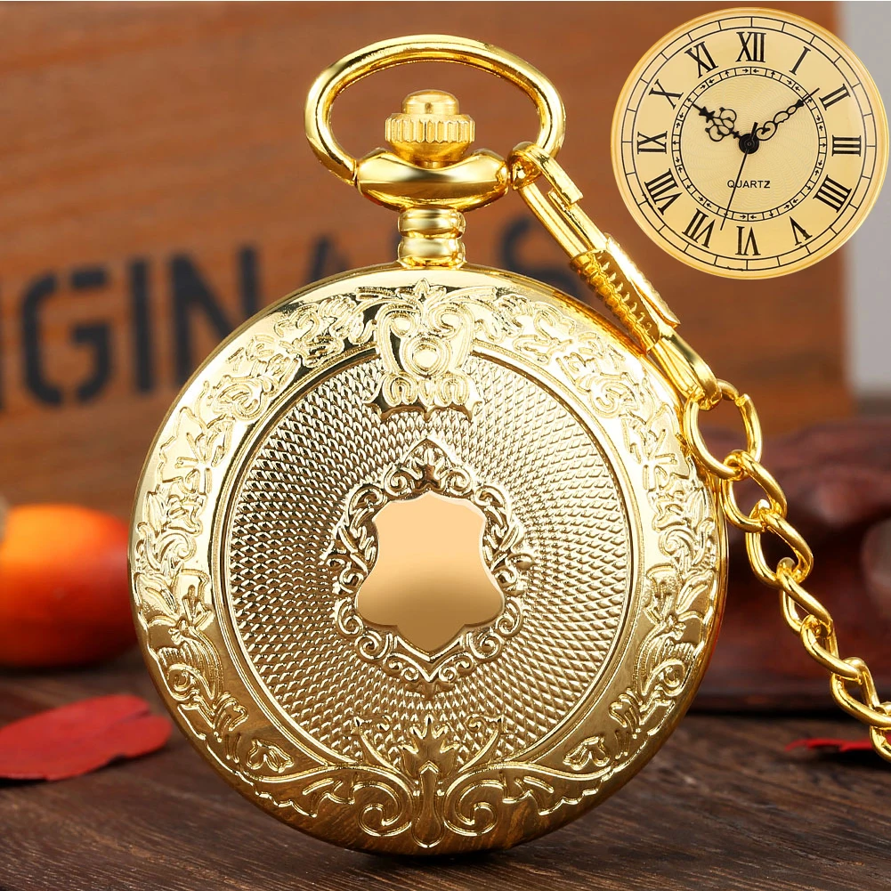 Relógio de bolso de ouro de luxo relógio portátil relógio de quartzo masculino relógios femininos pingente simples numeral romano dial prático collectibles