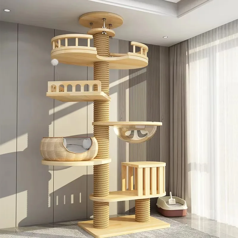 Floor Standing Tall CatTree Large Luxury Solid Wood Cat Climbing Structure with Jumping Platforms Scratching Posts Condo Nests