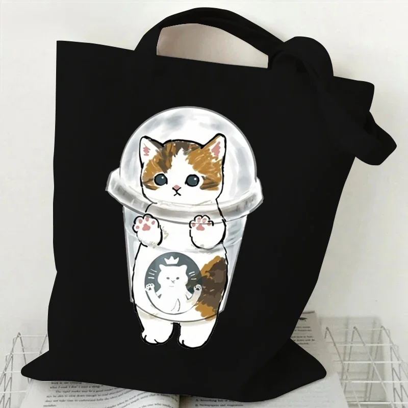 High Capacity Women Men Canvas Shoulder Bags Cute Cats Cartoon Anime Tote Bag Teen Girls Beach Bag Funny Kitten Female Handbags