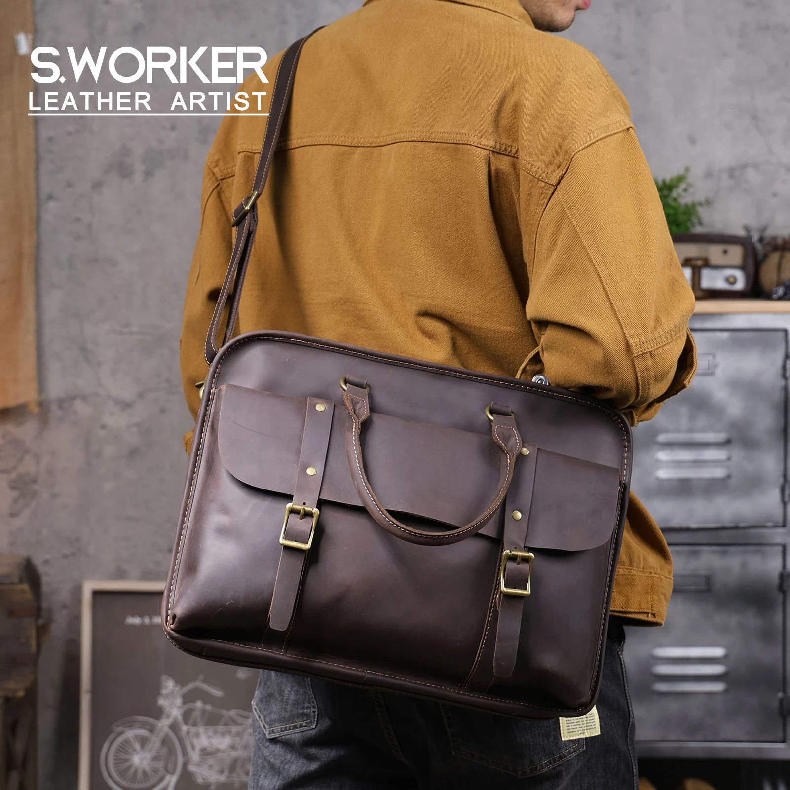 S.WORKER Klassische Aktentasche aus echtem Leder für 15"-Laptops für Herren | Handtasche aus Vollnarbenleder, Umhängetasche für Herren, Büro, Business – Detail 2