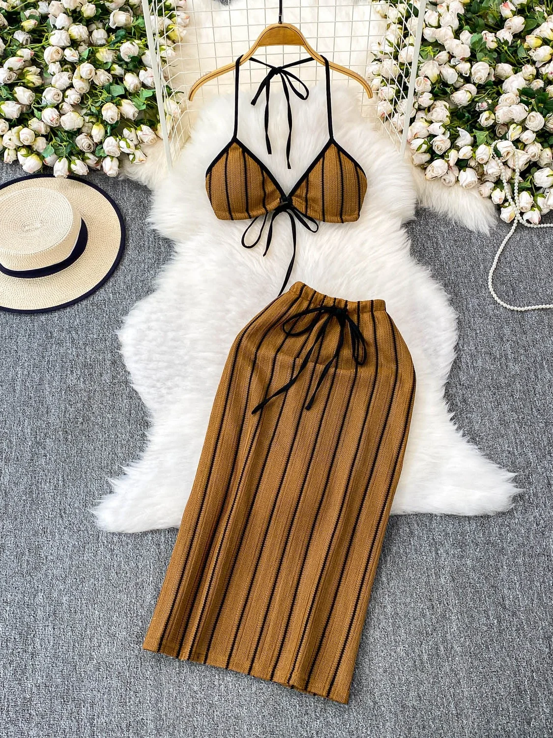 

Vaion Sle Sexy ort Bal V-ne вязаная юбка-миди с поясом и высокой талией в полоску для похудения, комплект женской моды