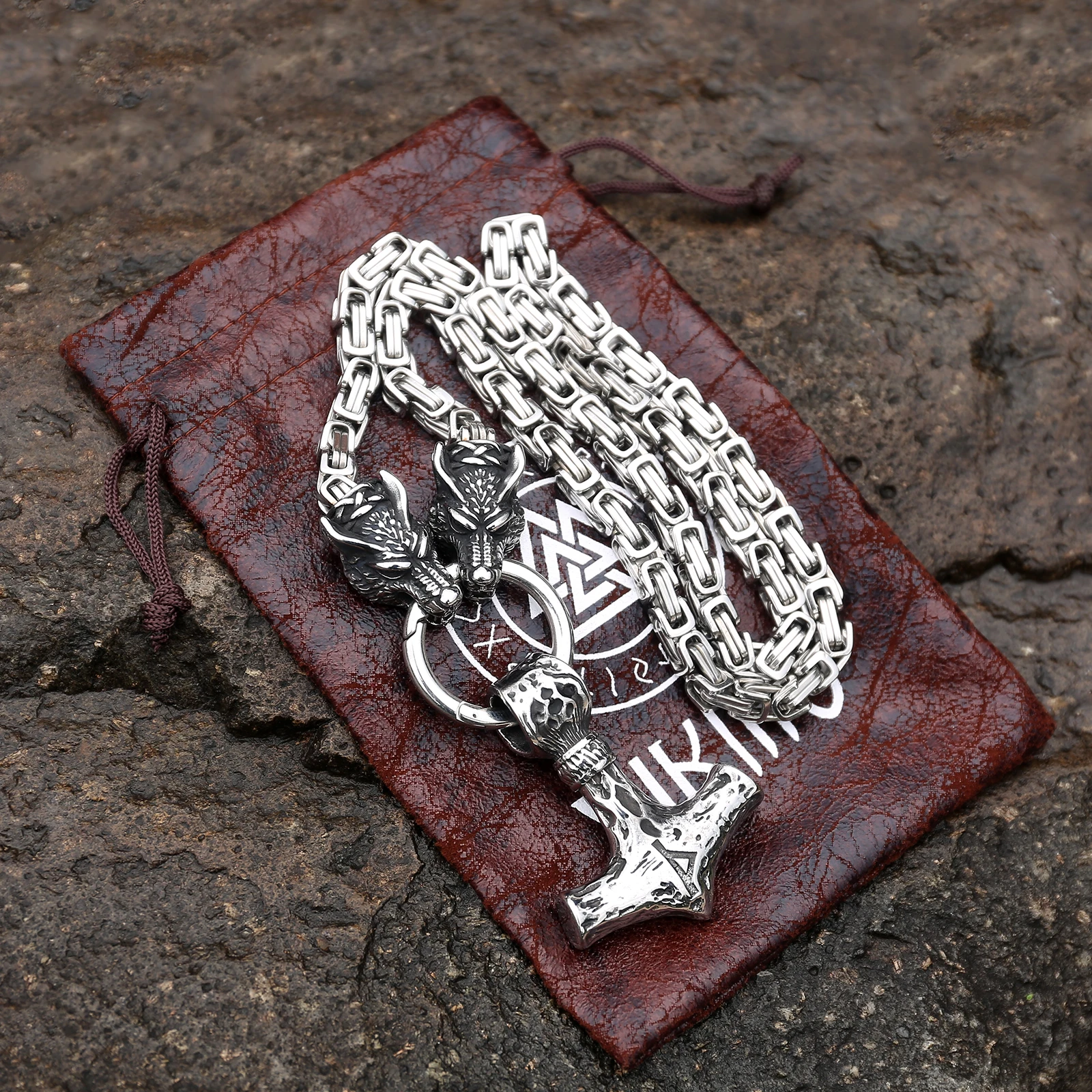 Stainless Steel Wolf Heads Thor's Hammer Pendant King Chain