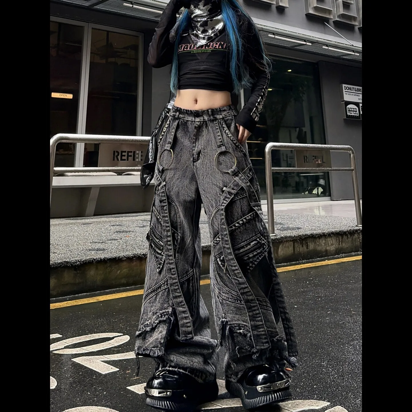 Womens Heavyweight Washed Cargo Jeans Tactical Straps Edges Deconstructed Denim Pants for Distressed Dance Fashion Outfits
