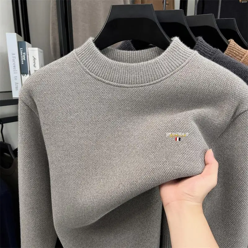 

2025 New Warm Half High Collar Sweater for Men with Thick Velvet for Winter Youth, Interior Hooded Knitted Sweater Trendy