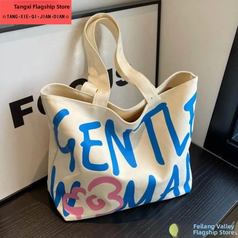 

Большая холщовая сумка-тоут в японском стиле с буквенным принтом, повседневная сумка для студентов и офисных работников, сумка через плечо