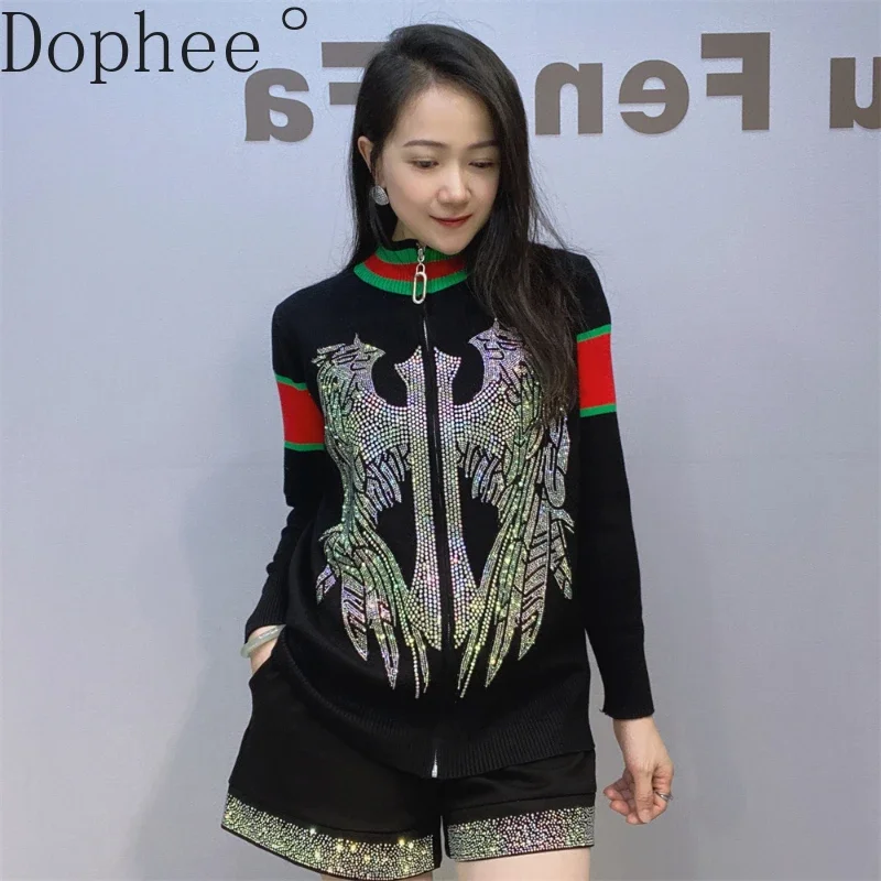 Luxury Hot Drilling Wings Women Knitted Sweaters 2024 New Fashion Stand Collar Zip Cardigans Top Streetwear Knit Sweater Coat