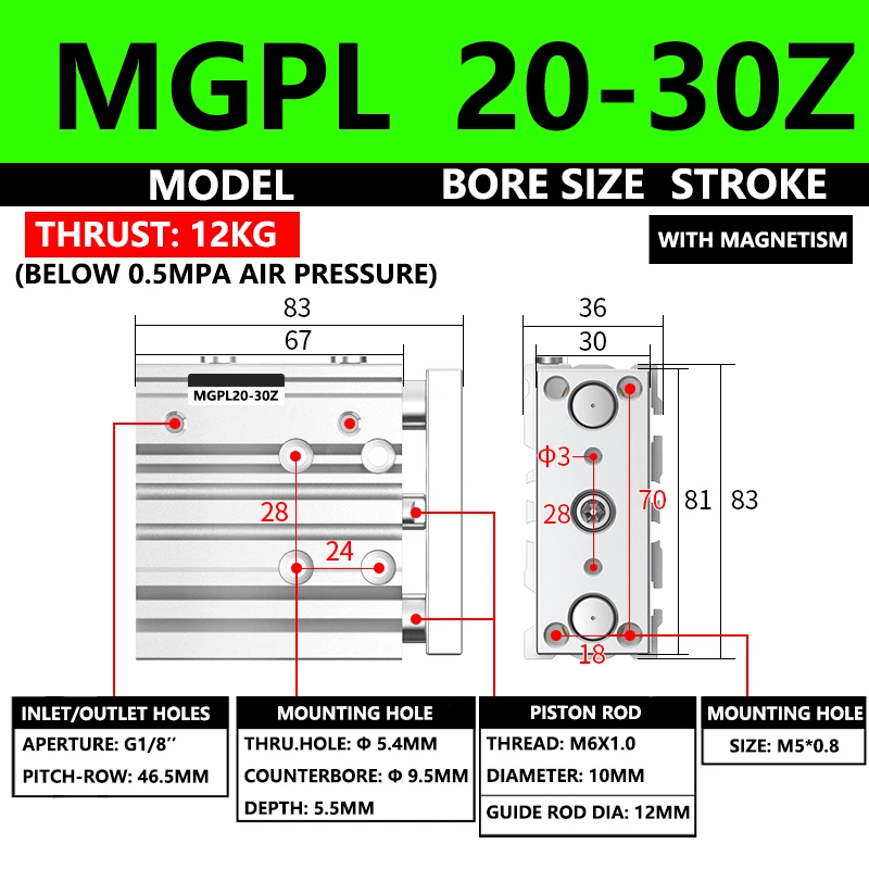 ABILKEEN MGPL Pneumatic Compact Guide Cylinder MGPL20-30Z 20MM Bore X 30MM Stroke Thin Three Axis Three Rod Pneumatic Cylinder