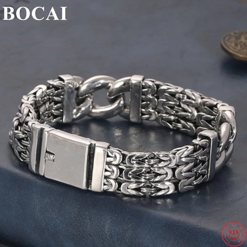 

BOCAI 100% S925 Sterling Silver Bracelets for Men New Fashion Domineering Peace Pattern Weaven-Chain Bangle Free Shipping