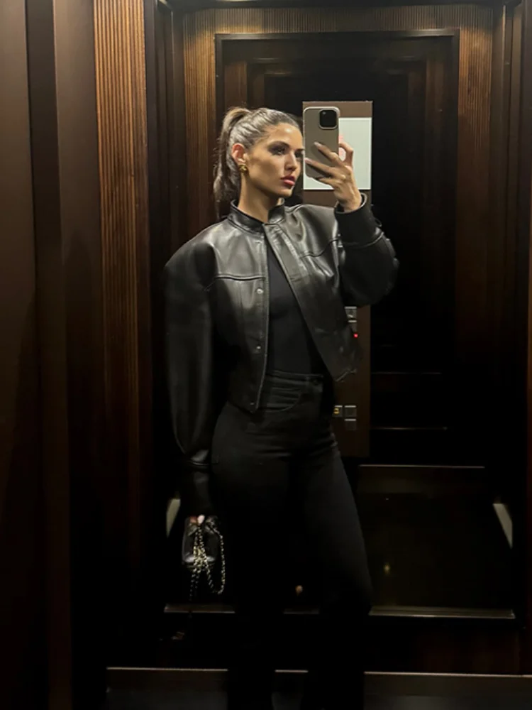 

Street Stand Collar Women's Leather Jackets Loose Long Sleeve Zipper Pockets Chic Female Coats 2025 Autumn Winter Lady Outerwear