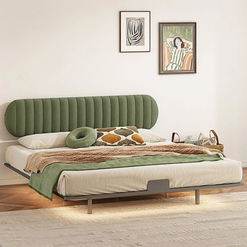 

Wrought iron green bed cream fabric bed carbon steel plate suspended small apartment second lying corduroy
