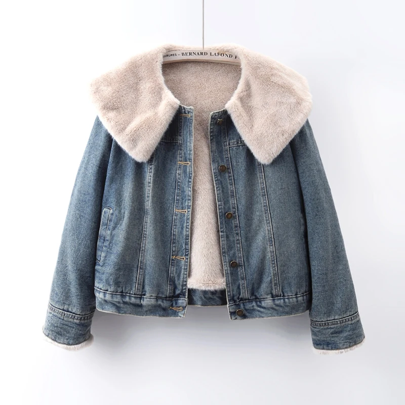 Winter Thick Warm Lambswool Liner Denim Jacket Women Casual Peter Pan Collar Long Sleeve Cowboy Outerwear Light Blue Dark Blue