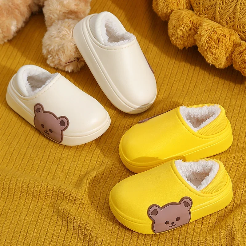 Winter Waterproof Child Cartoon Slippers Warm Girls Boys Non-Slip Plush Stepped Cotton Indoor Outdoor Home Toddler Thick Heel