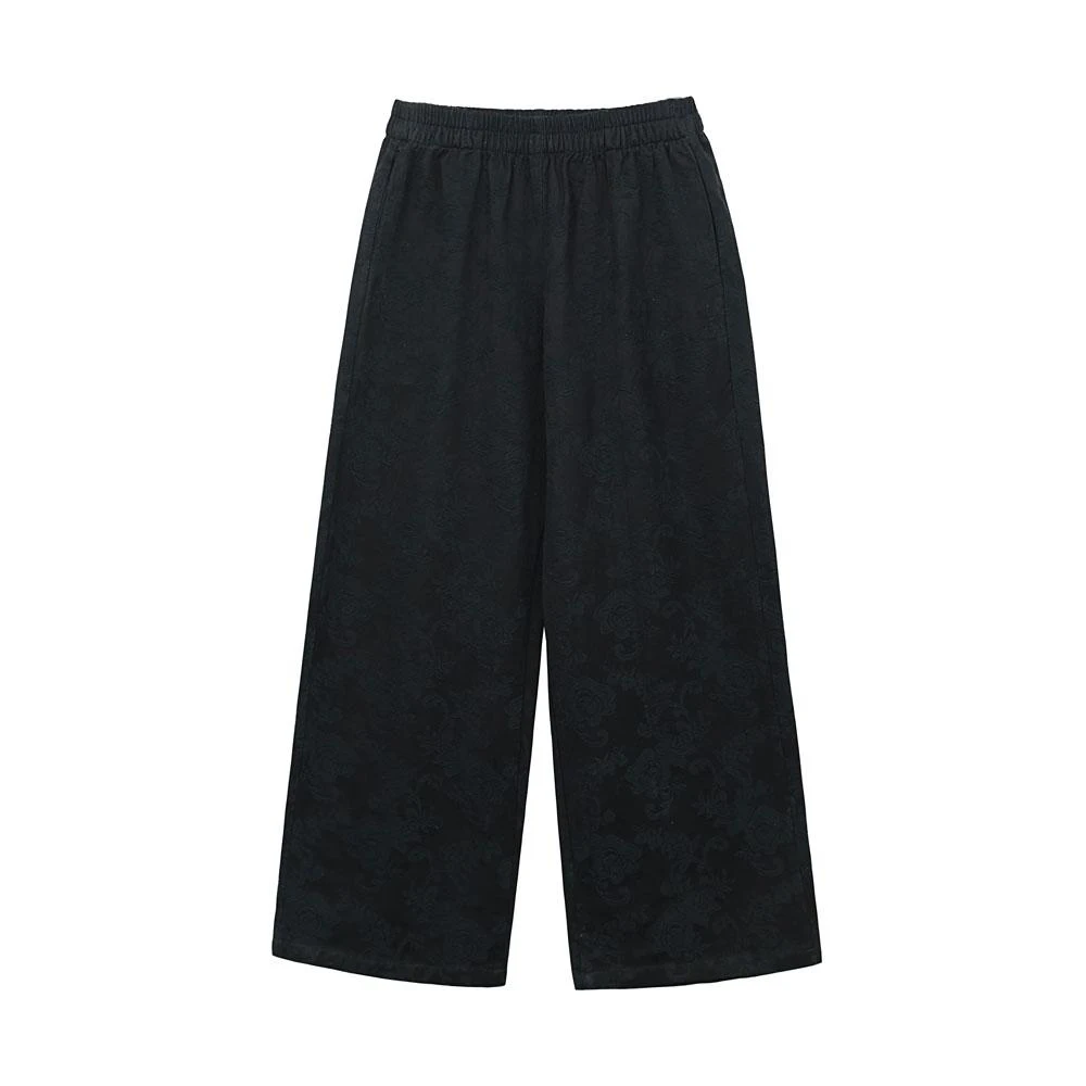 بنطلون نسائي طويل فضفاض متعدد الاستخدامات بخصر مرن، مصنوع من القطن والكتان بلون نقي مع تطريز، بتصميم مستقيم وواسع الساق، متوف...