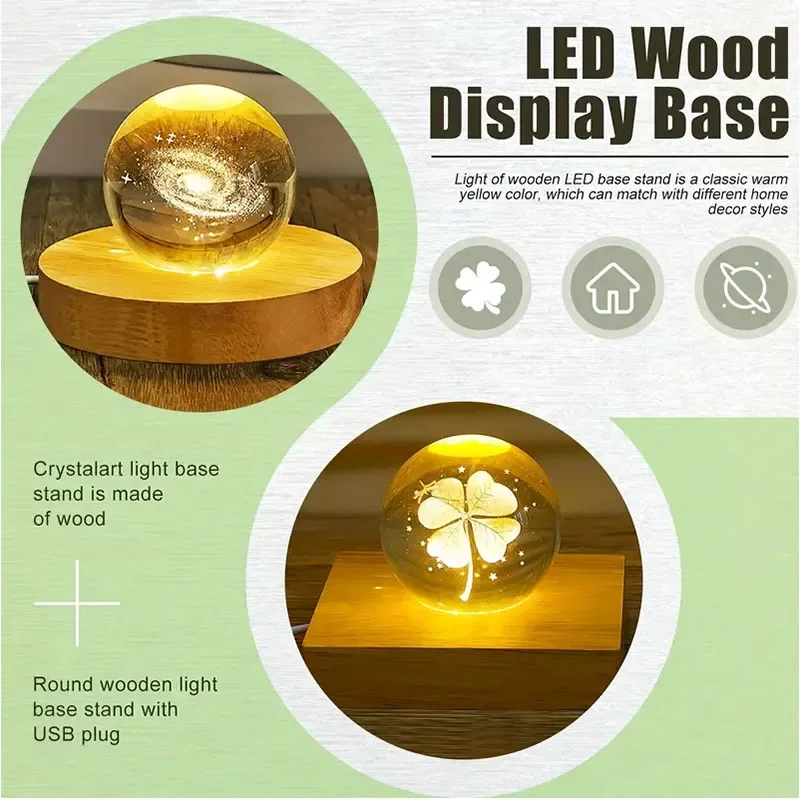 6cm/8cm Wooden LED Display Bases Round LED Light Stands with USB Cable Warm White/RGB Night Light Artistic Crystal Glass Stand