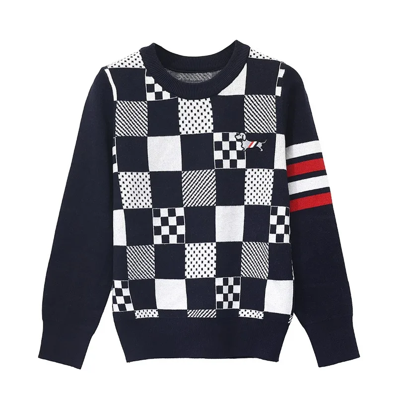 2026 Herfst Winter Trui Dames Donkergrijs Ronde Hals Vierkant Raster Bloemen Hond Borduren Groothandel voor Dames