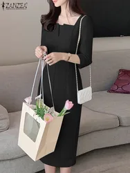 ZANZEA Square Neck Women Knee-length Dress Spliced Slim 3/4 Sleeve Commute Party Vestido Casual Solid Fashion Elegant Short Robe