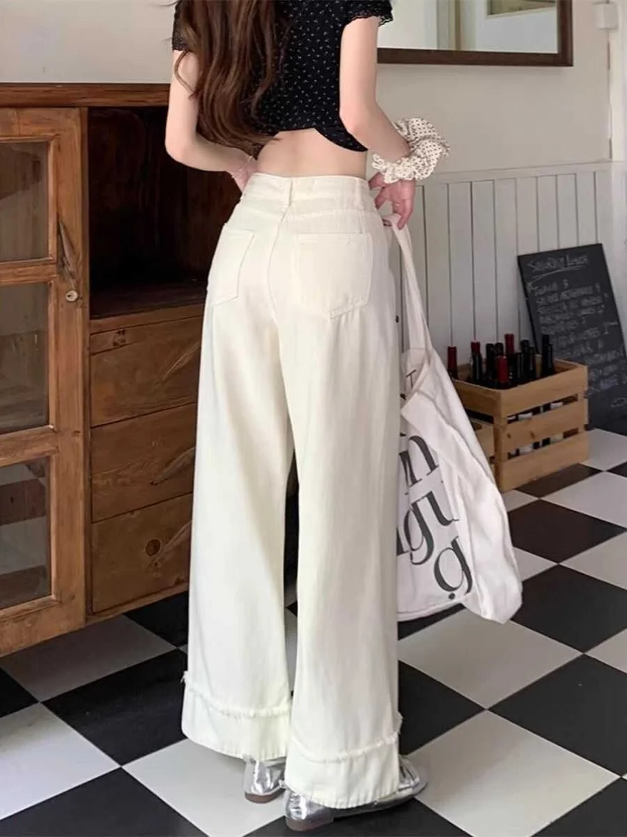 Plones vaqueros blancos de pierna ancha de cintura alta para mujer, plones vaqueros con abertura adeazantes de reta...
