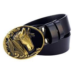 Golden Horse Head Buckle Belt Cowskin Leather Steed Fashion Western Cowboy Style Waistband For Men Women Gift