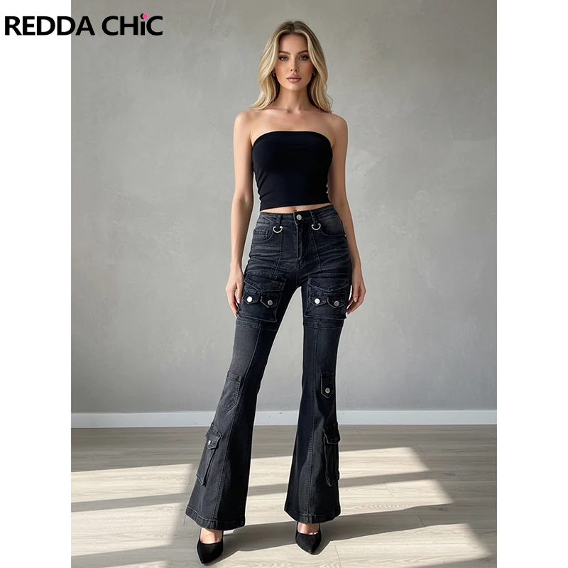 

REDDACHiC Women Bootcut Black Jeans Vintage Low Waist Multi-pocket Distressed Stretch Slim Casual Flare Pants Grunge Streetwear