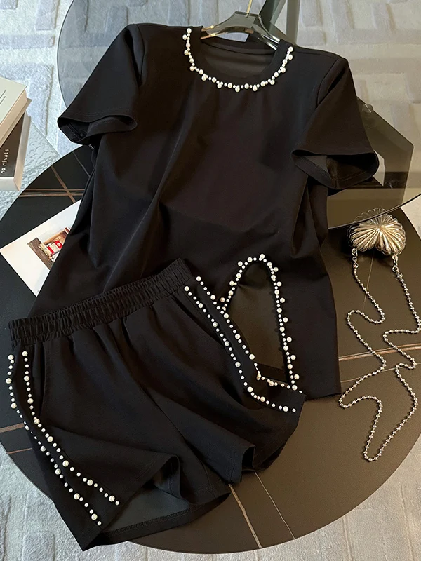 

Elegant Black Short Sleeve round Neck Two-Piece Set Women's Fashion Summer Design Slimming Top Shorts Combo European Style