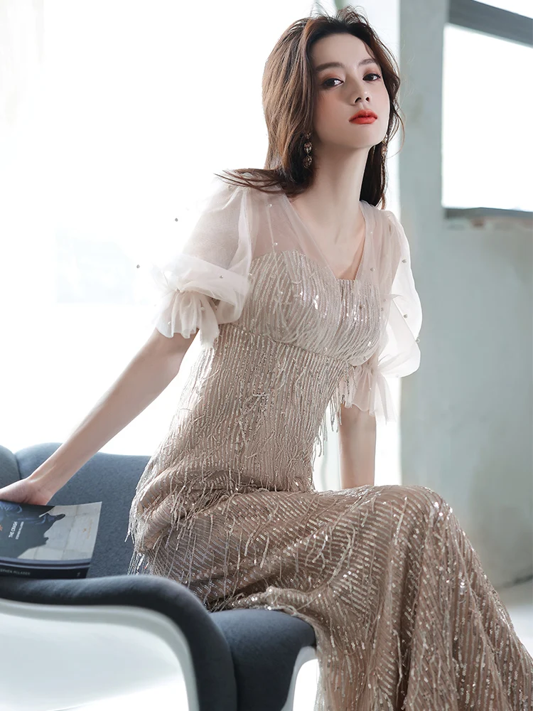 

iny Sequin Evening Dr Women's Long Gown Mid-Waist Deep V-Ne Sexy Fi-Tail Sle for Cany Annual Meeting Host
