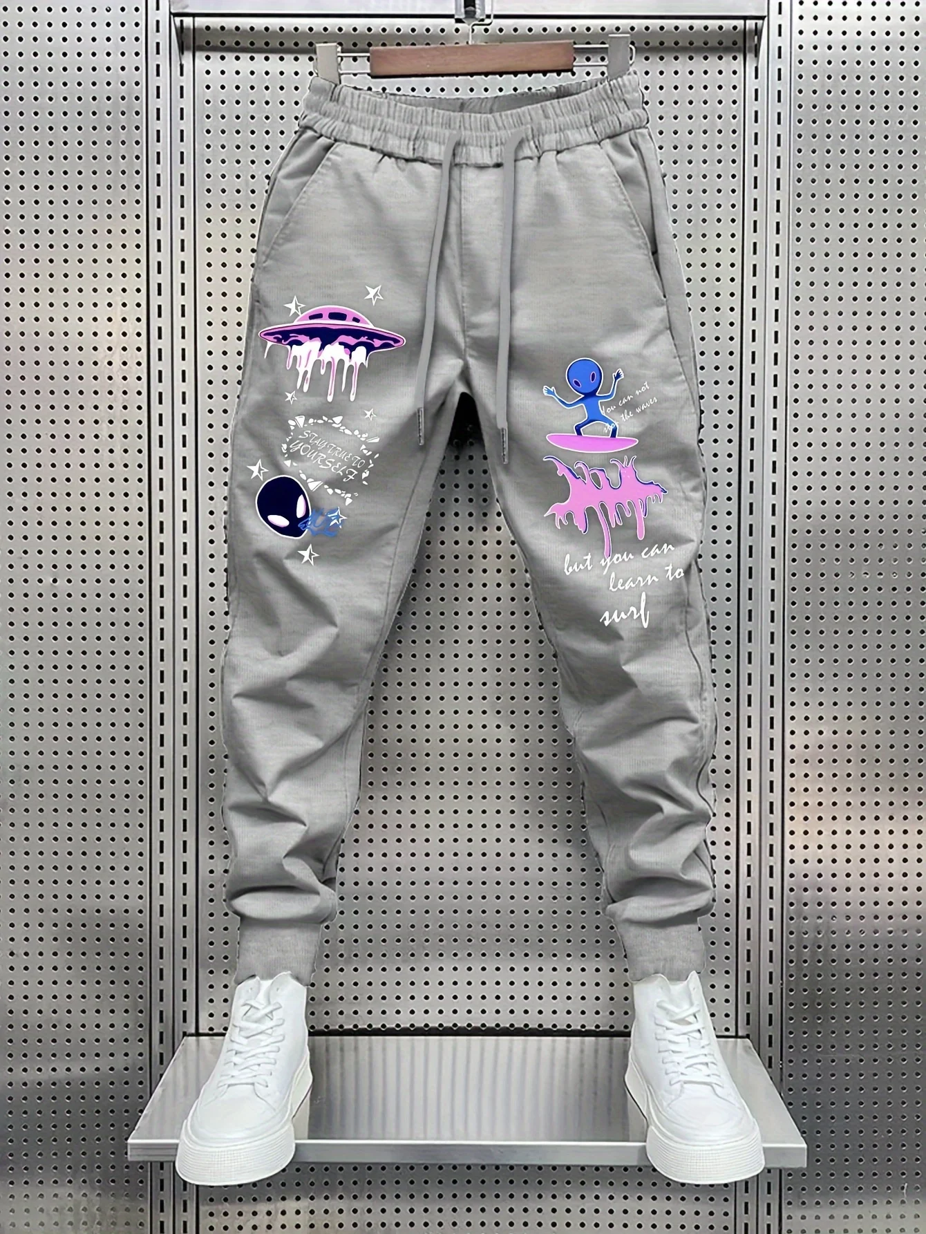 Alien UFO Cartoon Print Men Jogger Pants Drawstring Elastic Waist Street Hip Hop Casual Sports Sweatpants