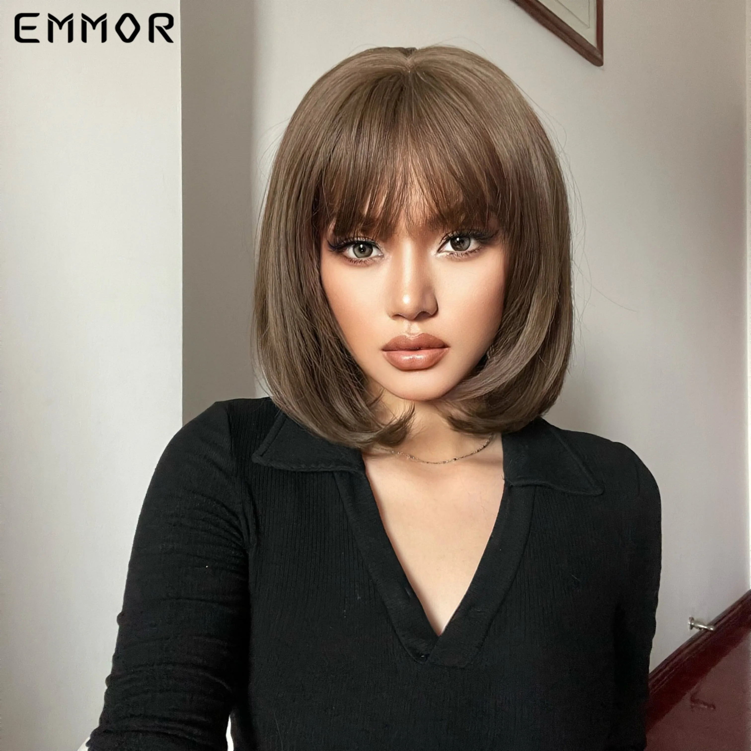 EMMOR Synthetic Natural Short Brown Water Straight Hair Wig with Bangs for Women Heat Resistant Bob Wigs DailyCosplay Party Wigs