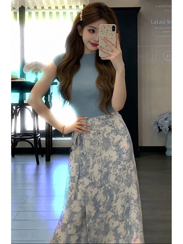 Stunning Summer Floral Print Two-Piece Set Beautiful Sleeveless Midi Skirt Slimming Effect Casual Style Polyester Fabric