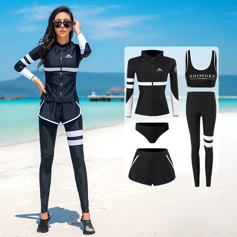 

Long Sleeve Rash Guard Women Patchwork 5 Pieces Swimsuit Zipper Swimwear Bathing Suit Surfing Pad Long Pant Couples Men 3 pieces