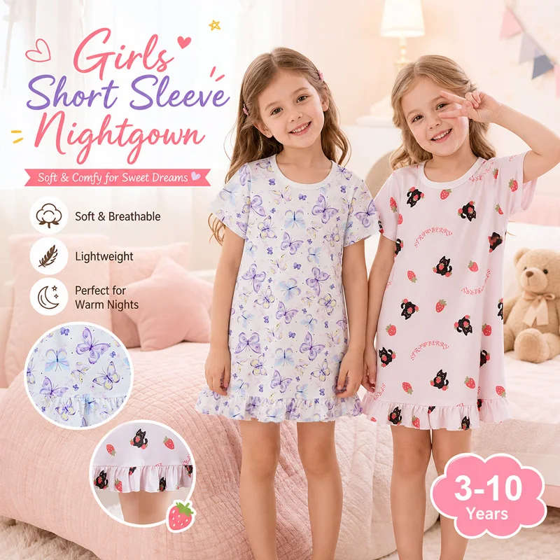Little Hand Sweet Girls Ruffle Hem Sleep Dress Soft Breathable Fabric Cartoon Print Kids Short Sleeve Home Nightwear 3-10Y