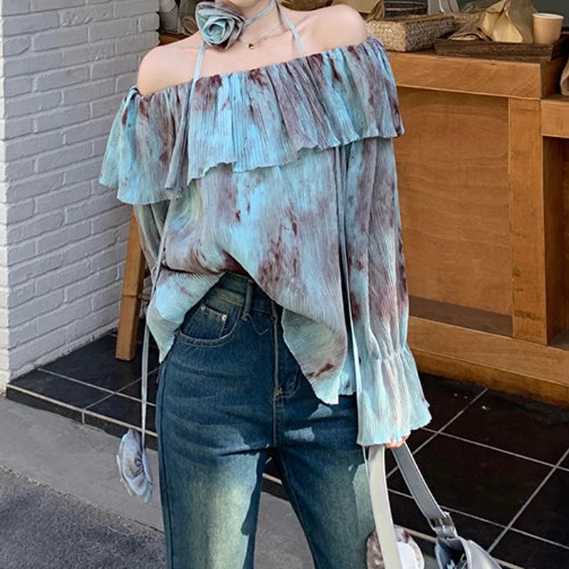 Vintage Tie Dye Ruffles Loose Blouse Spring New Long Sleeve Off Shoulder Patchwork Trend Shirt Tops Fashion Casual Women Clothes