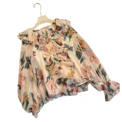2026 Floral Print Ruffled Collar Loose Tops Women Spring Summer Lantern Sleeve Shirts Lady Elegant Sexy Sheer Chiffon Blouse